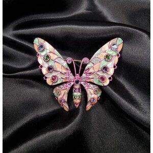 Vintage Joan Rivers Brooch – Pink Green Enamel Butterfly Pin